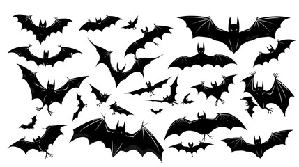 Fototapeta premium set of halloween bats on white, bats silhouettes 