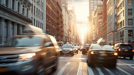 Obraz premium A busy city street filled with traffic during the golden hour, capturing the warm glow of sunset in an urban setting.
