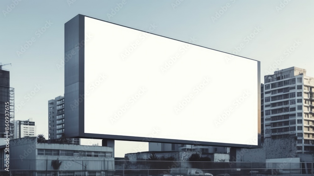 Poster a mockup of billboard with white color blank space setting in between building of city. a large big 