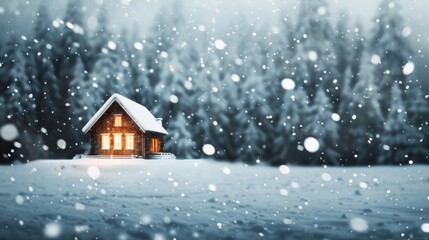 A charming, cozy cabin surrounded by a serene, snow-covered winter forest, illuminated by soft sunlight, creating a peaceful and picturesque scene.