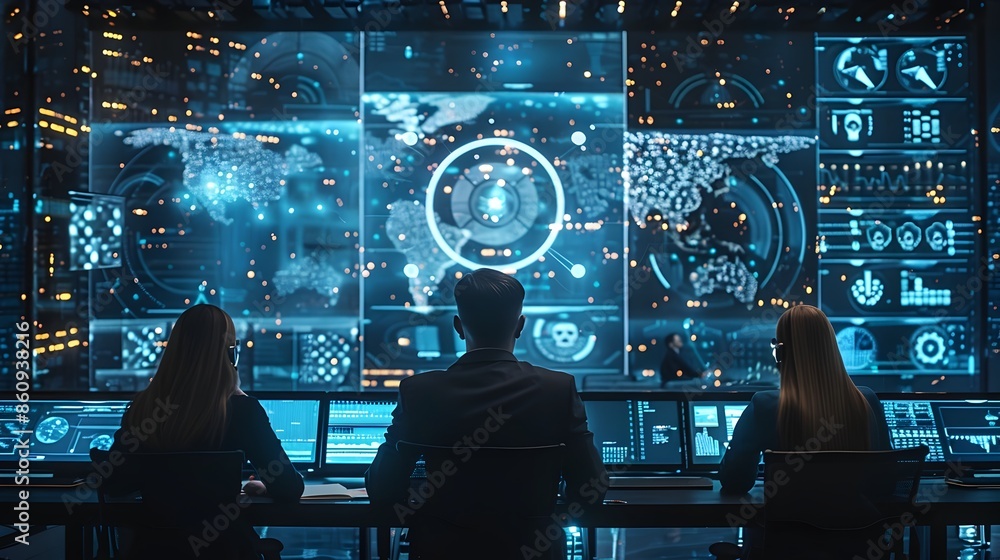 Poster cybersecurity team monitoring digital threats on large interactive display in business technology hu