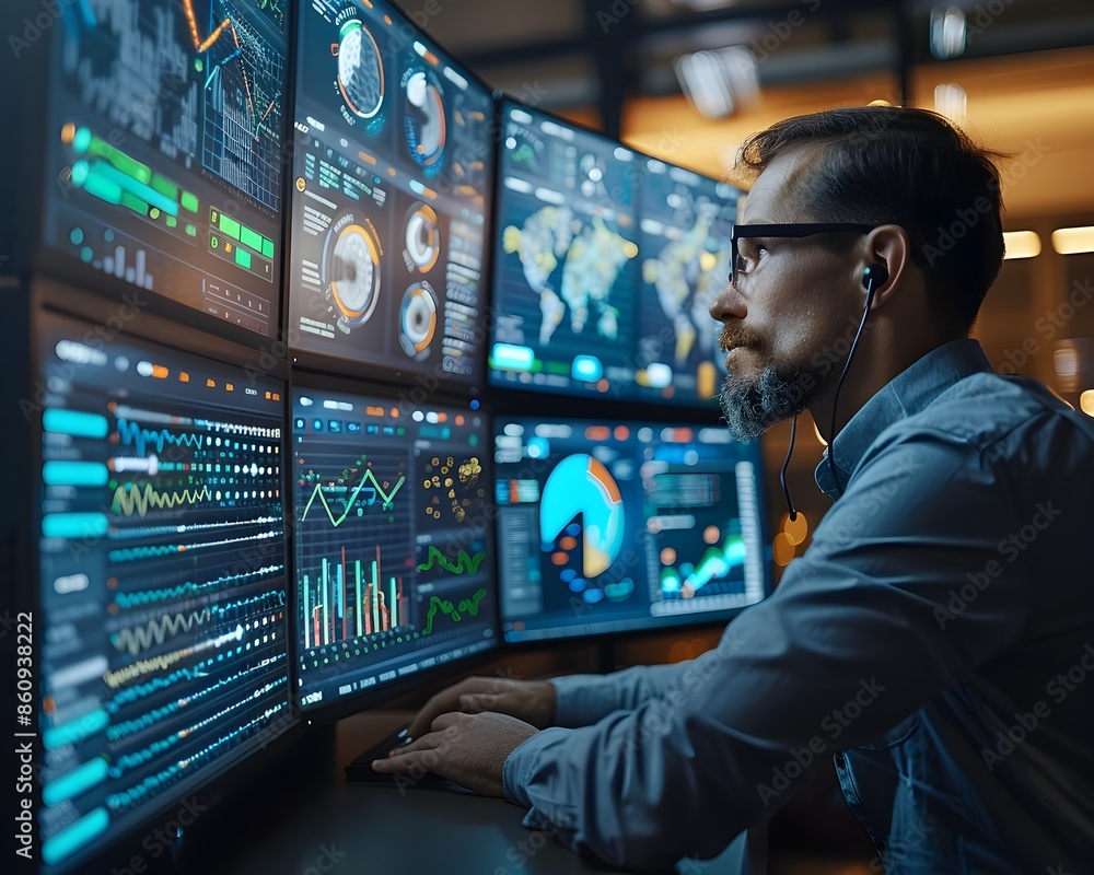 Poster multi screen workstation monitoring communication flows for data driven business insights and analyt