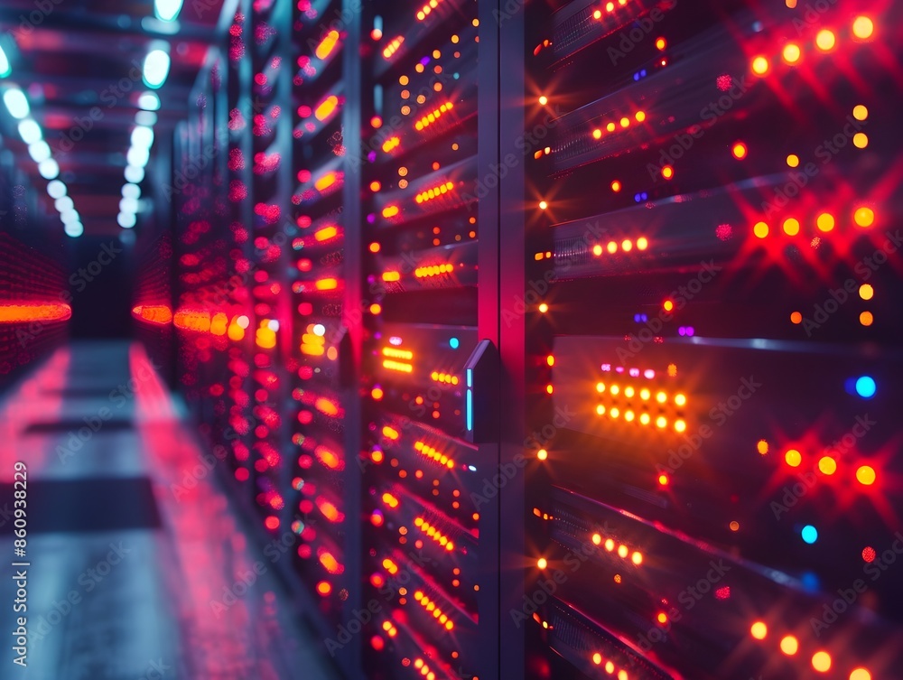 Poster futuristic server rack with blinking lights in data center for digital communication technology