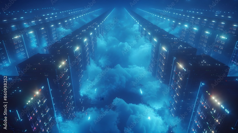 Poster vast aerial view of cloud data center with rows of servers illuminated by blue lights digital comput
