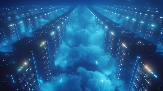 Vast Aerial View of Cloud Data Center with Rows of Servers Illuminated by Blue Lights Digital Computing Concept - Powered by Adobe