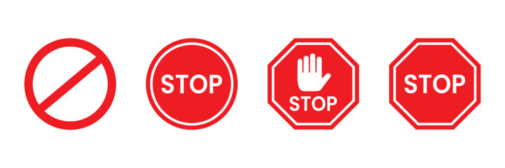 Set of Stop street icon collection. Stop hand sign with text. Red stop sign. Vector Illustration. 