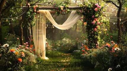 A beautifully decorated garden archway with flowing drapes and vibrant flowers, set against a lush, green backdrop for a magical outdoor celebration