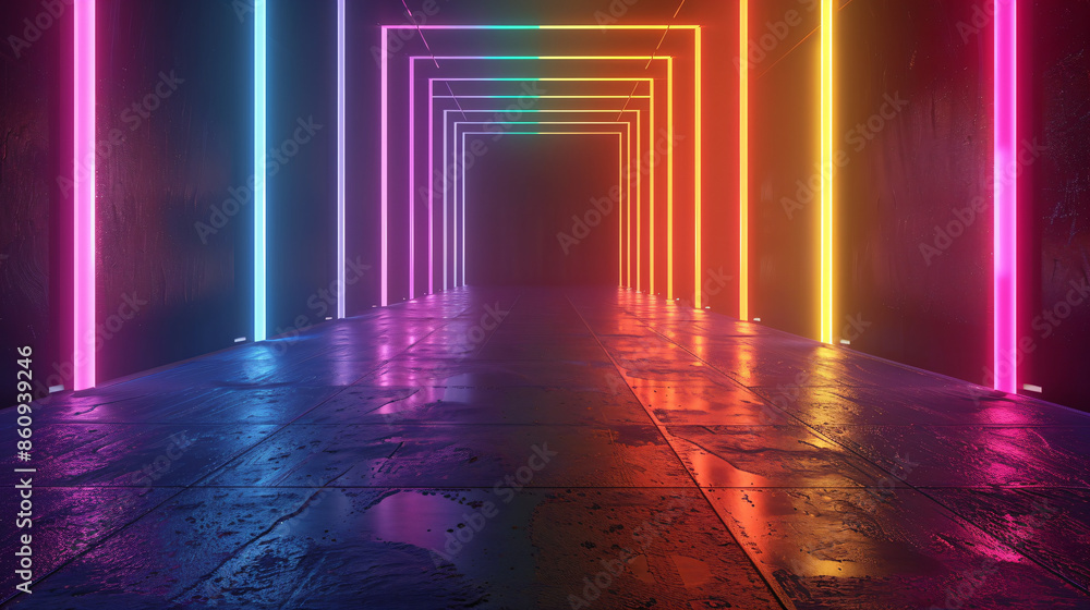 Poster 3d render, abstract background with a colorful spectrum, featuring bright neon rays and glowing line