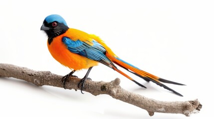 Fototapeta premium A vibrant, colorful bird perched on a branch against a white background, showcasing brilliant blue, orange, and yellow feathers.