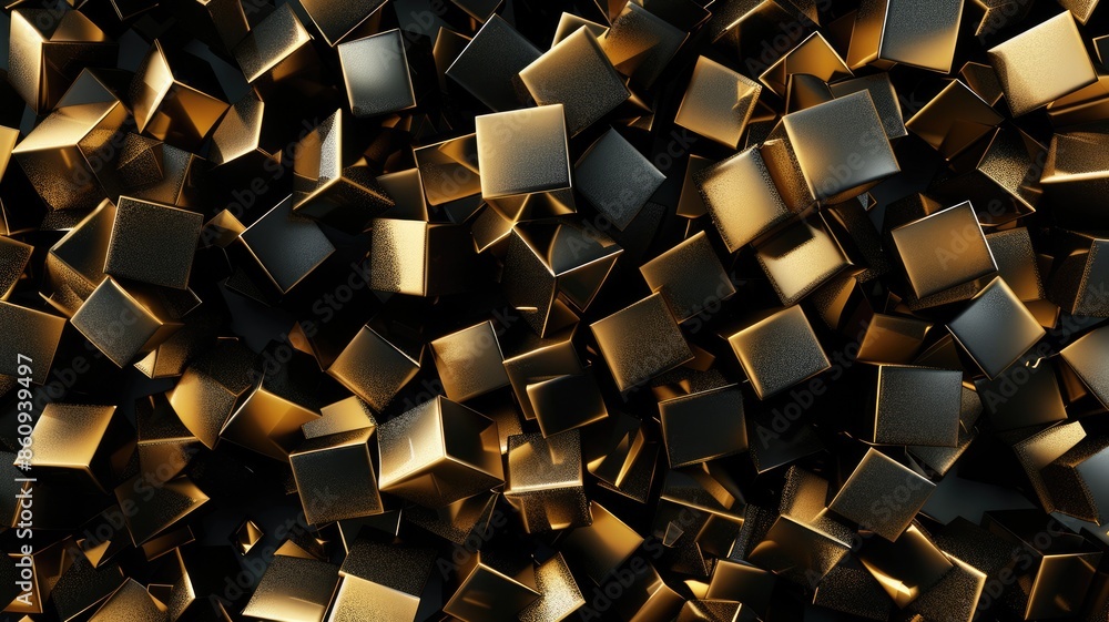 Poster abstract composition of gold and black cubes randomly stacked. digital art of cube with gold and bla