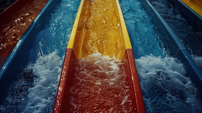 Colorful water slides with vibrant blue, red, and yellow lanes creating a thrilling experience at the amusement park water ride.