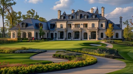 Obraz premium Luxurious mansion with sprawling gardens and intricate architectural details set against a beautiful blue sky and lush greenery.