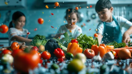 a family practicing zero waste living, showcasing reusable products and sustainable habits with focus on, eco-friendly lifestyle theme, vibrant, Composite, kitchen backdrop