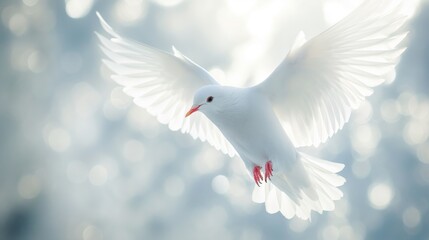 Fototapeta premium Serene white dove in flight against a soft blurred background, symbolizing peace and purity in a tranquil outdoor setting.
