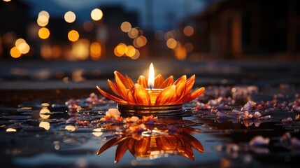 happy diwali background with burning candles, dark and blurred background