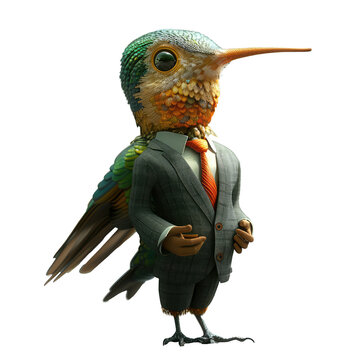 recommend clip art: animal crossing of anthropomorphic Hummingbird as businessman, full body, standing on 2 legs, 3d character cartoon