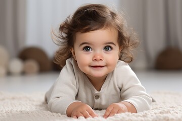 Fototapeta premium Adorable Baby Girl Lying on Soft Rug with Curly Hair and Curious Expression