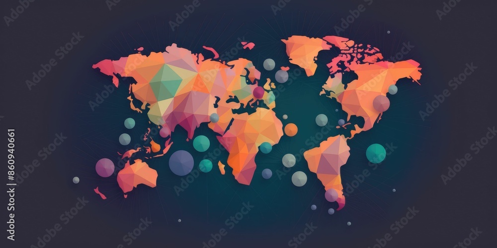 Poster stylized world map composed of multicolored circles on a white background with a modern artistic tou