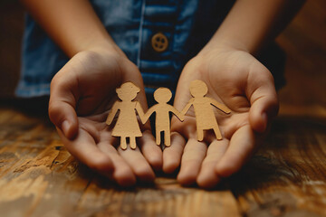 Family-oriented scene with hands holding a paper family cutout, representing adoption foster care, homeless support, mental health, homeschooling, and economic challenges during a recession