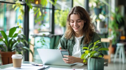 Modern Productivity: Young Woman Smiling at Smartphone While Working at Bright, Airy Table with Laptop and Coffee