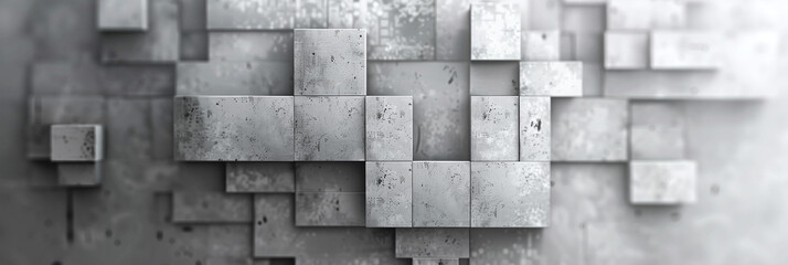 Abstract geometric gray grey 3d texture concrete cement wall with squares and square cubes background banner, textured wallpaper