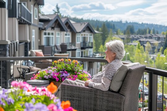 Elderly Caucasian woman on a balcony surrounded by lush flowers, enjoying a mountain view on a sunny day. - Powered by Adobe