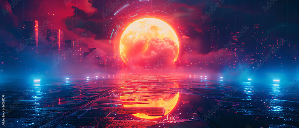 Poster neon abstract background with a large central object, modern and futuristic design, space background