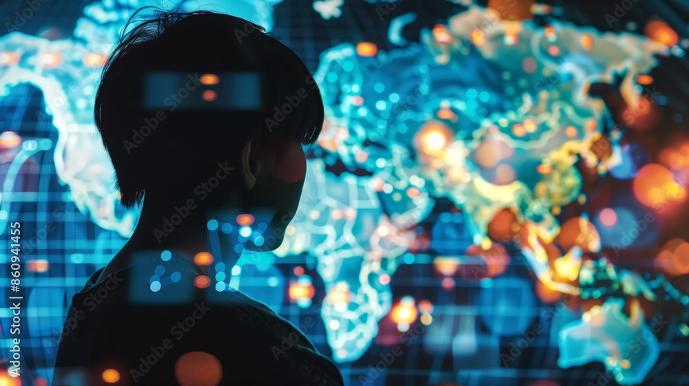 Aufkleber silhouette of person analyzing digital world map with glowing data points and network connections