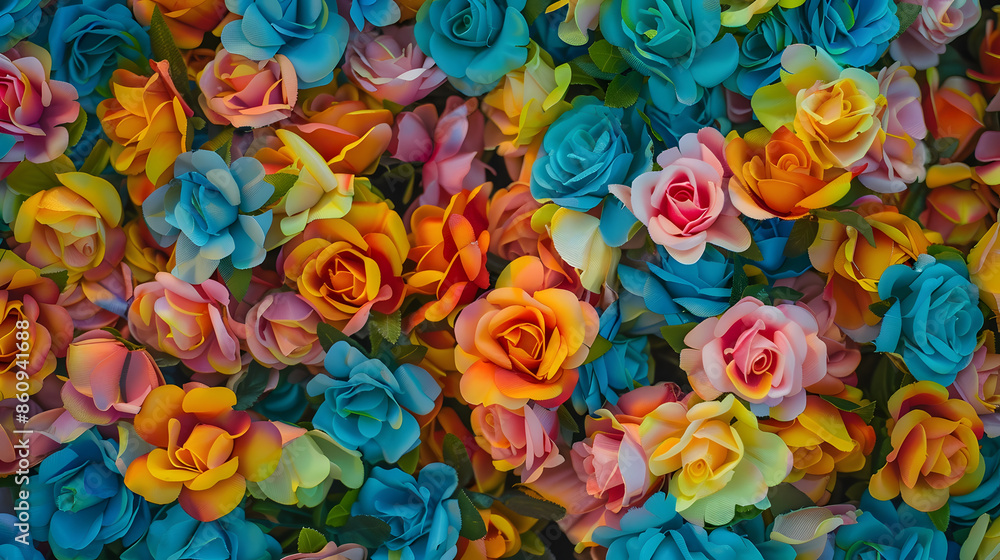 Poster Selective focus of multi colour of artificial roses flowers backdrop Mixed colourful pattern texture of flora Can be used as background for display or montage products Abstract nature  : Generative AI
