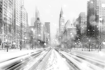  Abstract black and white architectural sketch of a winter cityscape with snow-covered buildings and streets, high resolution