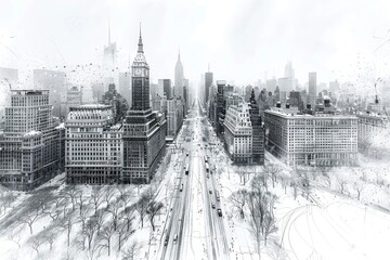 Abstract black and white architectural sketch of a winter cityscape with snow-covered buildings and streets, high resolution