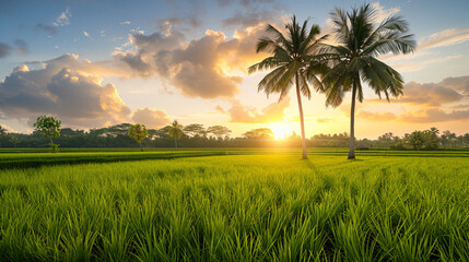 Obraz premium Scenic view of a lush green rice field featuring palm tree on the right side, with a background filled with trees, captured at sunset