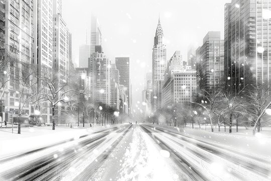 Fototapeta  Abstract black and white architectural sketch of a winter cityscape with snow-covered buildings and streets, high resolution