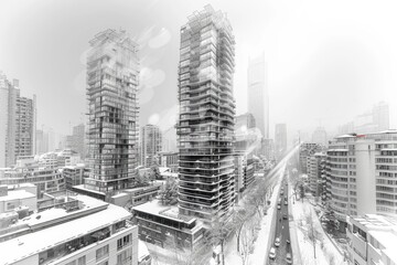 Abstract black and white architectural sketch of a winter cityscape with snow-covered buildings and streets, high resolution