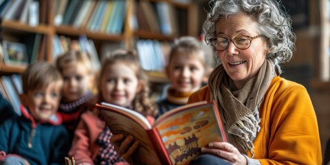 Senior Caucasian woman reading a book to a group of excited children in a library, wearing a warm yellow sweater.