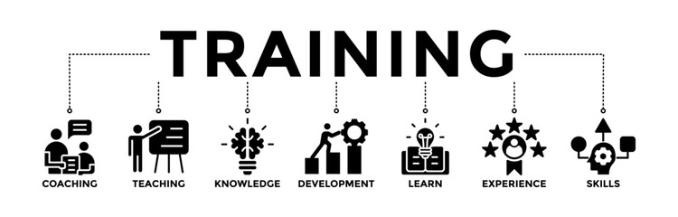 Training banner icons set for education with glyph style icon of coaching, teaching, knowledge, development, learning, experience, and skills	