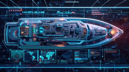 Fototapeta premium Futuristic digital interface of advanced AI ship control system with cybernetic elements, holographic displays, and technological graphics.