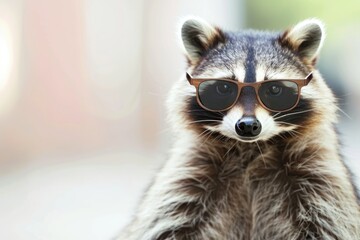 Obraz premium A raccoon wearing sunglasses stares directly at the camera. The raccoon has a black mask and a bushy tail. The background is blurred and out of focus