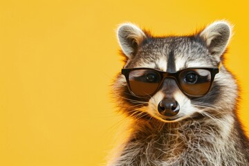 Obraz premium A raccoon wearing sunglasses stares intently at the camera, its dark eyes peering out from behind the shades. The animal is set against a vibrant yellow backdrop, creating a striking contrast