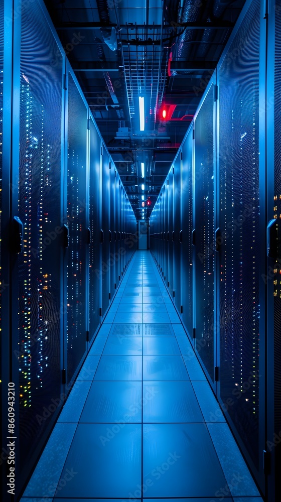 Poster endless rows of servers in a futuristic data center with blinking lights
