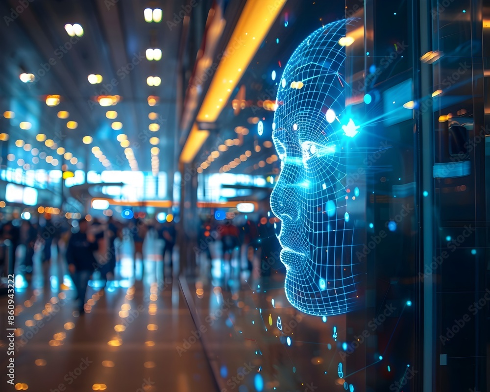Poster futuristic airport terminal with facial recognition technology for efficient check in process