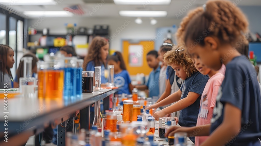 Aufkleber engaged students participating in a hands on science experiment in classroom
