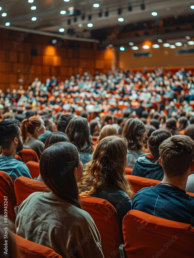 Poster captivating university lecture hall filled with attentive audience during guest speaker event