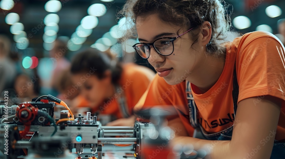 Poster students participating in a robotics competition testing their designs in an arena for education and