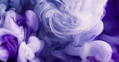 Fototapeta premium Paint drop water. Smoke cloud. Defocused purple white color vapor blob glitter particles texture ink splash abstract art background.