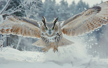 A large owl is flying through the snow-covered woods by AI generated image