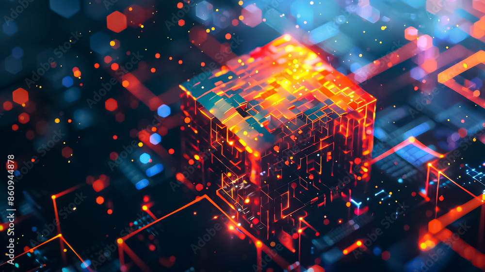 Poster a cube with a red and blue color is lit up with bright lights