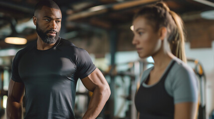 A personal trainer guiding a client through a workout, gym, guidance, hd, supportive with copy space