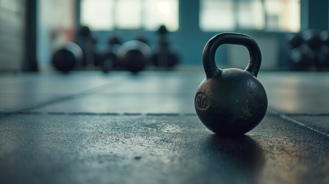 A close-up of a kettlebell on a gym floor, gym, power, hd, gritty with copy space