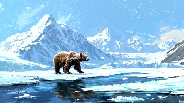 Frozen Frontier: Observing a Bear's Graceful Movements in a Wintry Realm. Seamless looping time-lapse virtual 4k video animation background